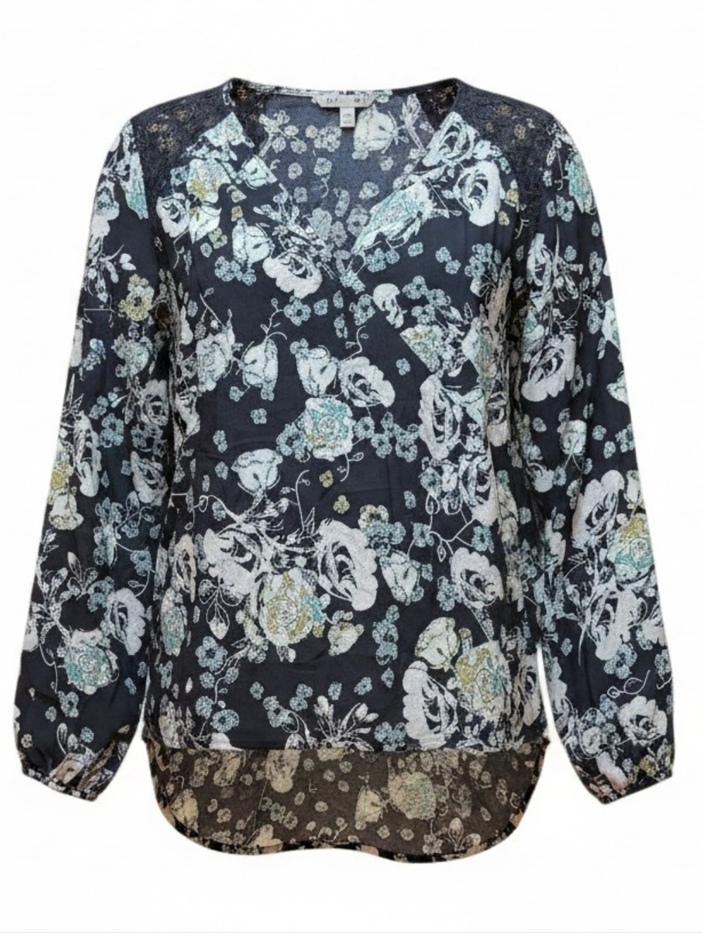 EYESHADOW | Floral Crossover V-Neck Top High Low Lace Shoulder Long Sleeve | L